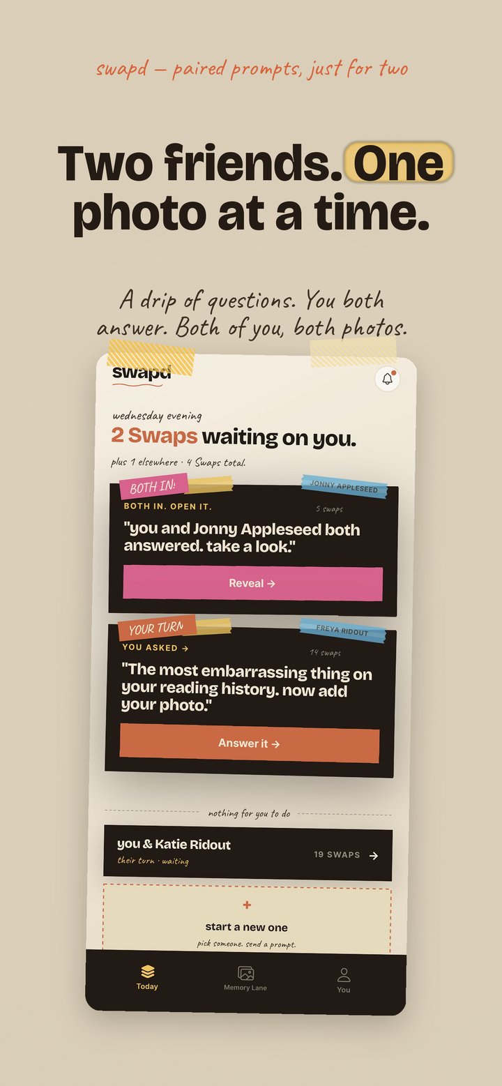 The Today screen showing two swaps waiting on you.