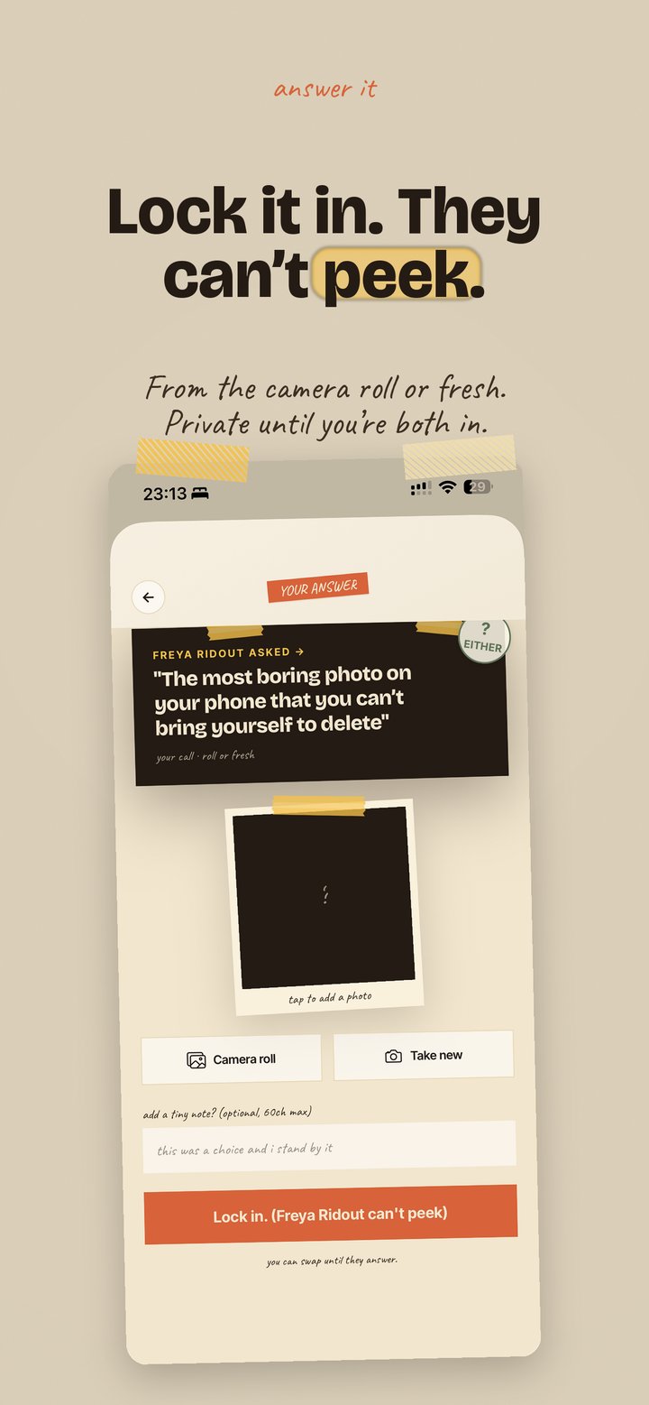 The compose screen — pick a photo, then lock it in.
